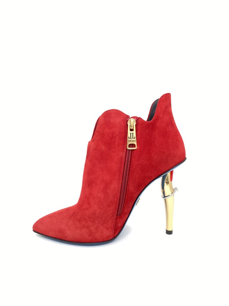 Red Suede Ankle Boots with Gold Heel