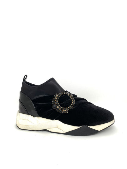 Black Velvet Sneakers with Embellished Buckle