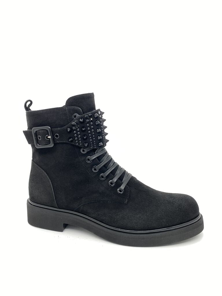 Black Suede Ankle Boot with Studded Strap