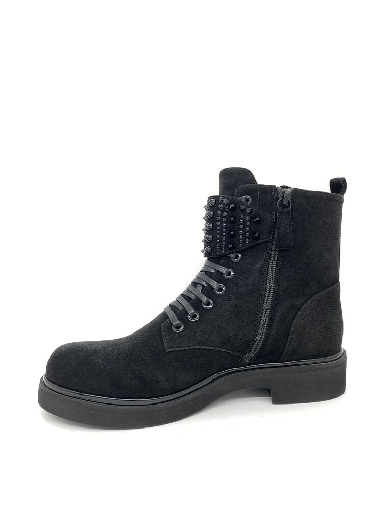 Black Suede Ankle Boot with Studded Strap