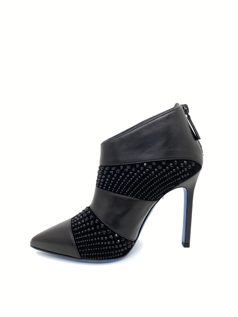 Black Studded Leather Ankle Boot with Blue Sole