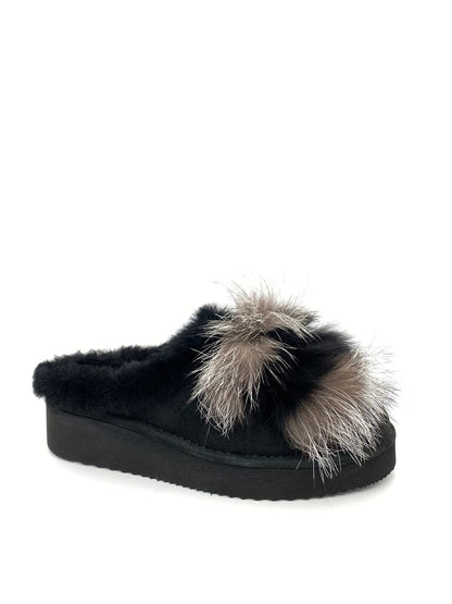 Black Plush Slide Slippers with Fluffy Accent