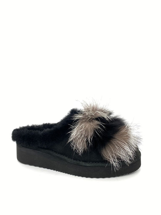 Black Plush Slide Slippers with Fluffy Accent