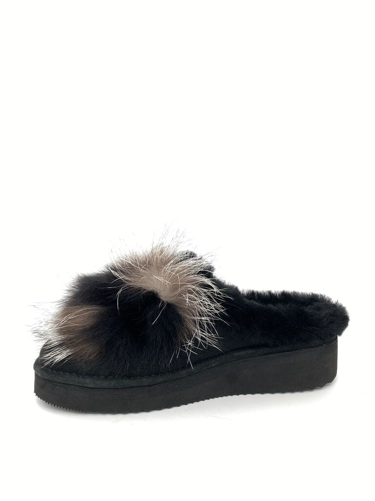 Black Plush Slide Slippers with Fluffy Accent