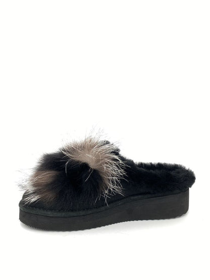 Black Plush Slide Slippers with Fluffy Accent
