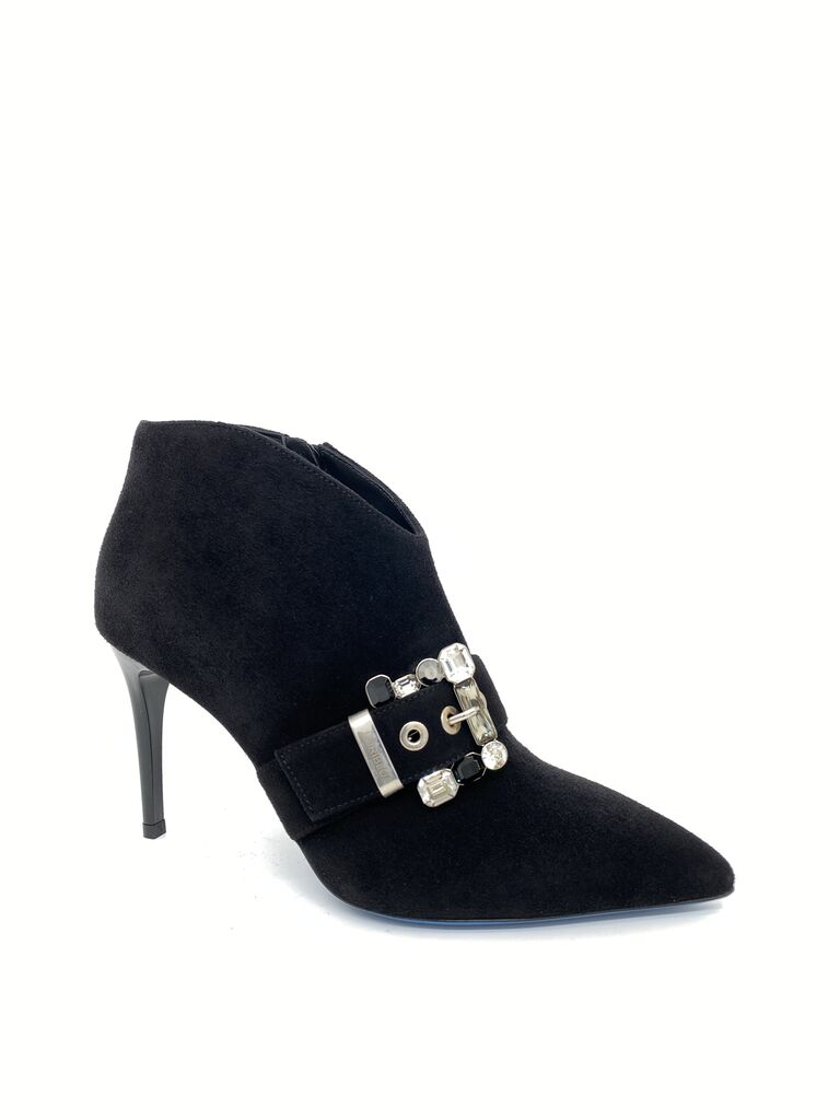 Black Suede Ankle Boot with Embellished Buckle