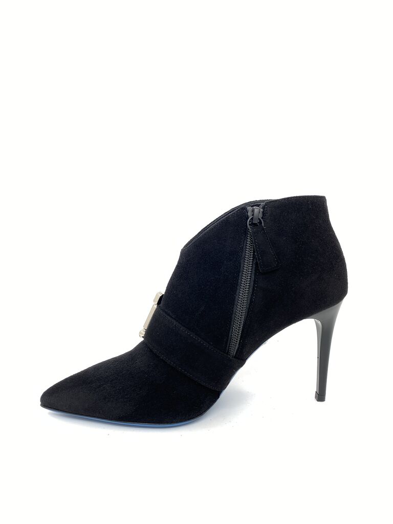 Black Suede Ankle Boot with Embellished Buckle