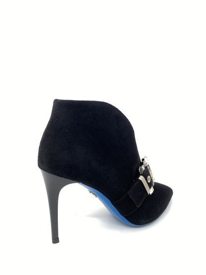 Black Suede Ankle Boot with Embellished Buckle