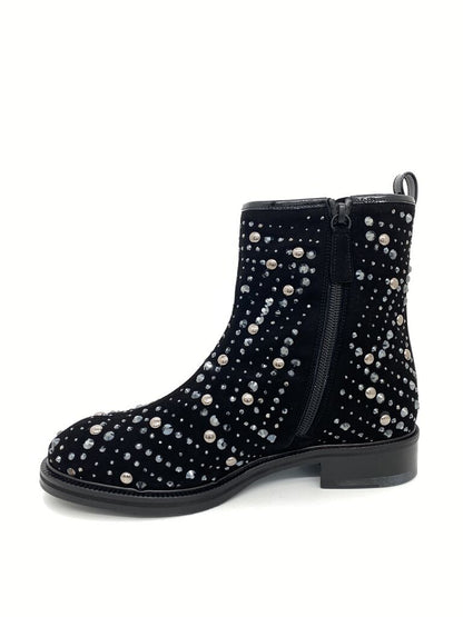 Black Velvet Ankle Boots with Studded Embellishments