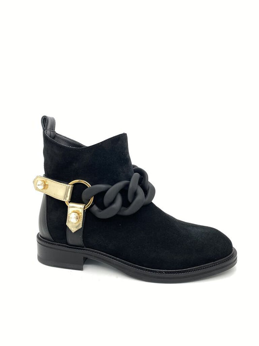 Black Suede Ankle Boots with Gold Chain Accent