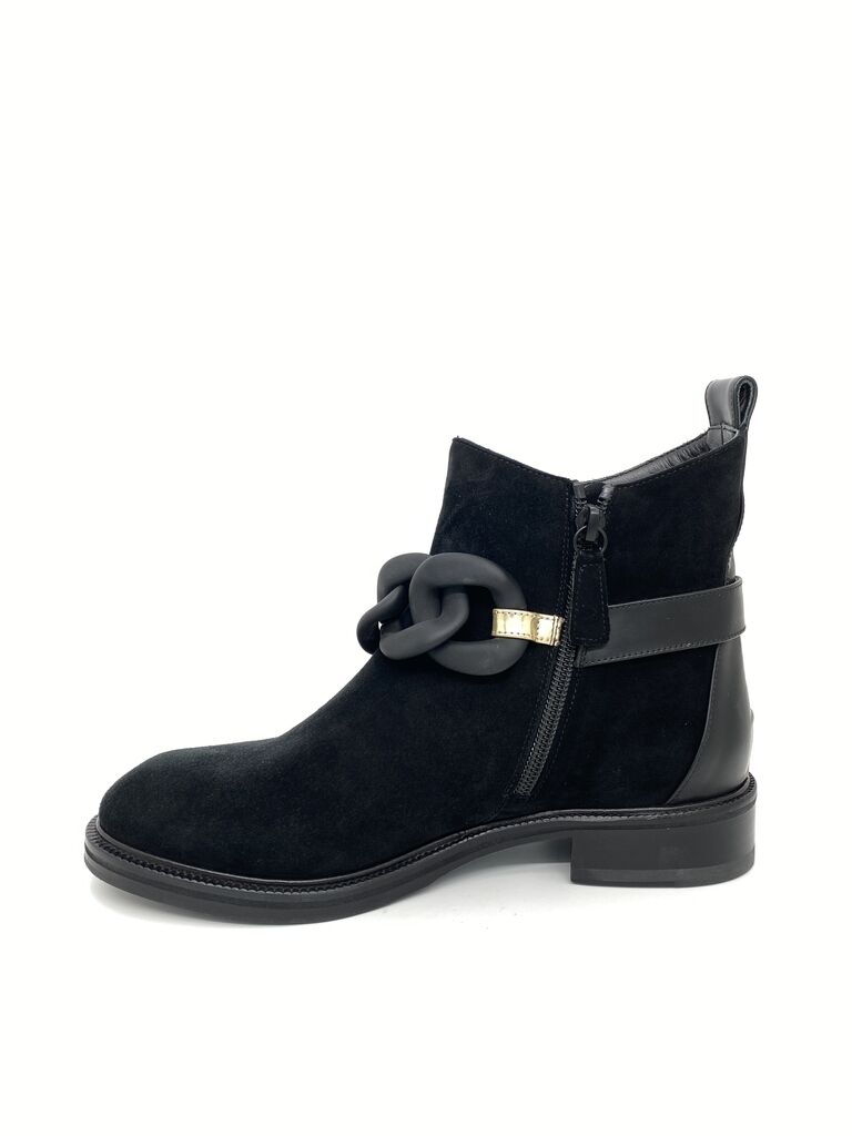 Black Suede Ankle Boots with Gold Chain Accent