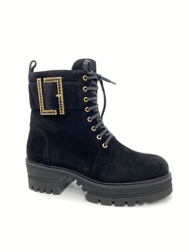 Black Suede Ankle Boots with Buckle Detail