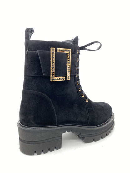 Black Suede Ankle Boots with Buckle Detail