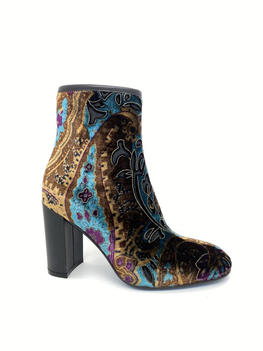 Multicolor Velvet Ankle Boot with Bold Abstract Design