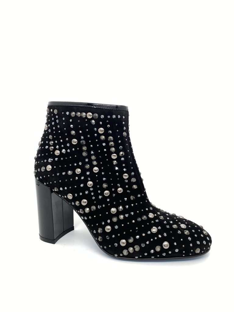 Black Velvet Ankle Boot with Studded Detailing