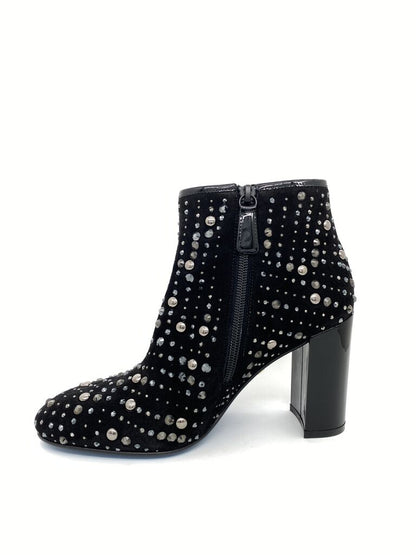 Black Velvet Ankle Boot with Studded Detailing