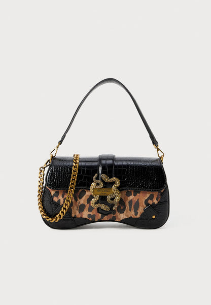 Black Croc-Embossed Shoulder Bag with Chain Detail