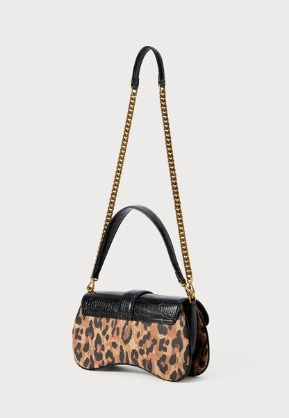 Black Croc-Embossed Shoulder Bag with Chain Detail