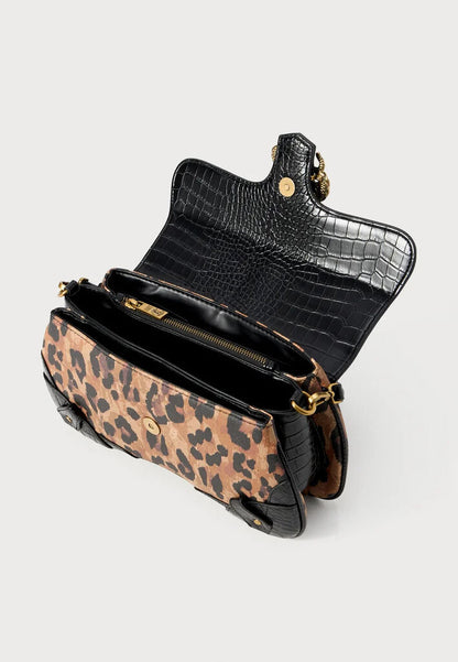 Black Croc-Embossed Shoulder Bag with Chain Detail