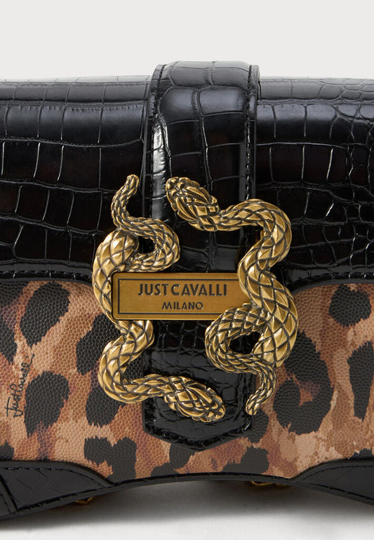 Black Croc-Embossed Shoulder Bag with Chain Detail