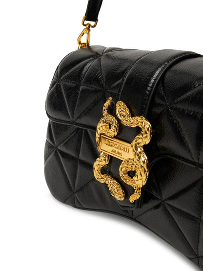 Black Quilted Handbag with Gold Snake Accent