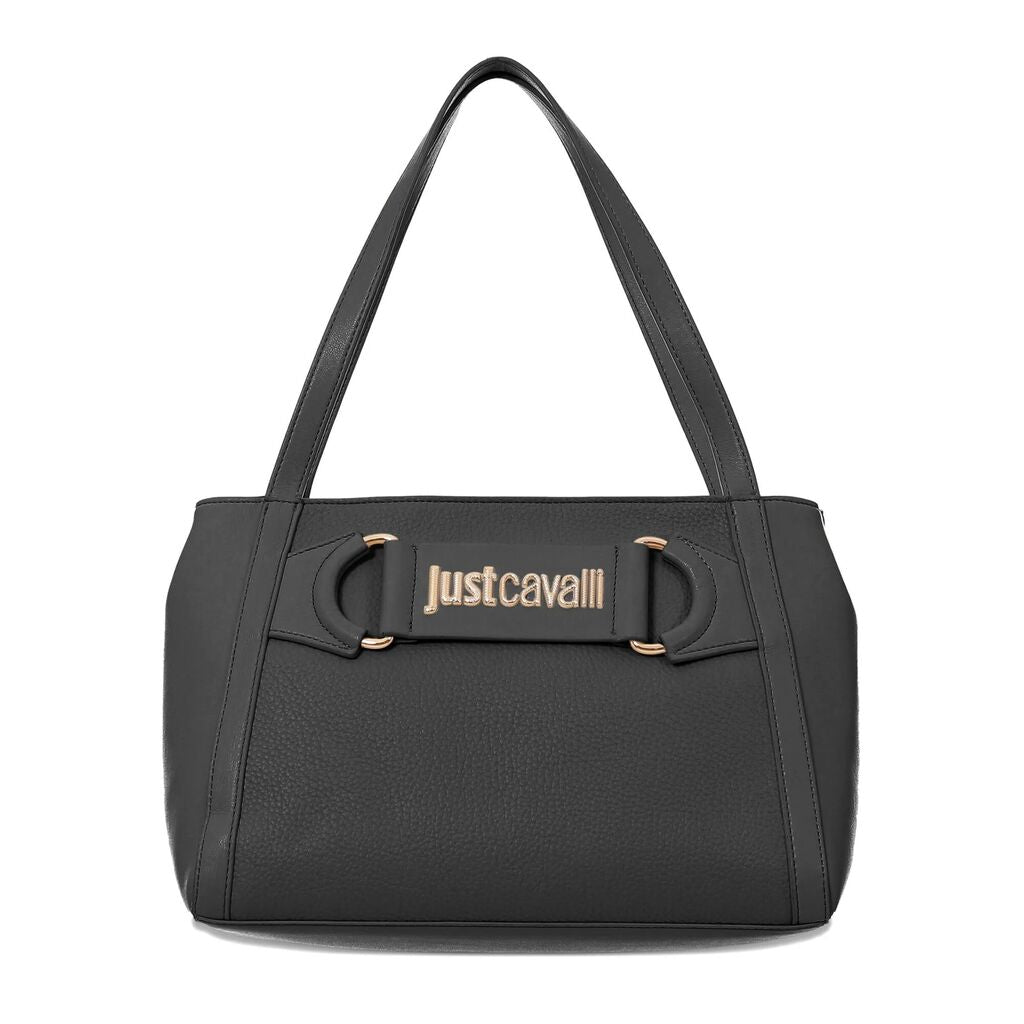 Black Pebbled Leather Tote with Logo Detail