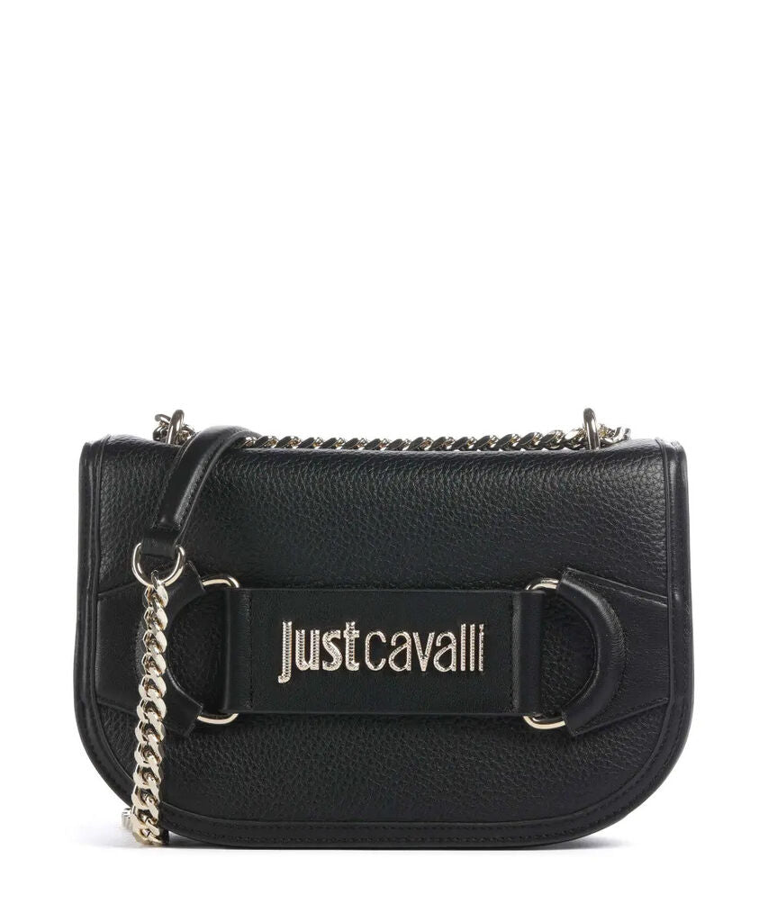 Black Textured Leather Crossbody Bag with Chain Detail