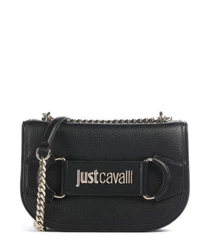 Black Textured Leather Crossbody Bag with Chain Detail