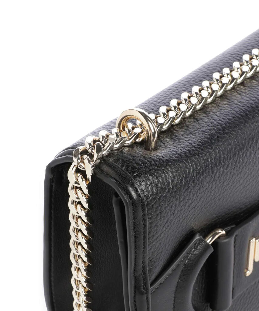 Black Textured Leather Crossbody Bag with Chain Detail
