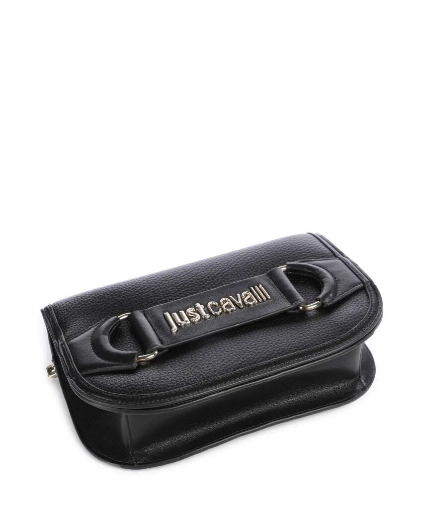 Black Textured Leather Crossbody Bag with Chain Detail