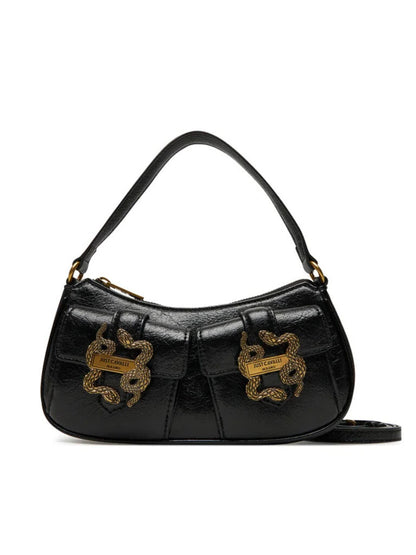 Black Textured Leather Shoulder Bag with Snake Detail