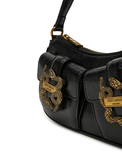 Black Textured Leather Shoulder Bag with Snake Detail