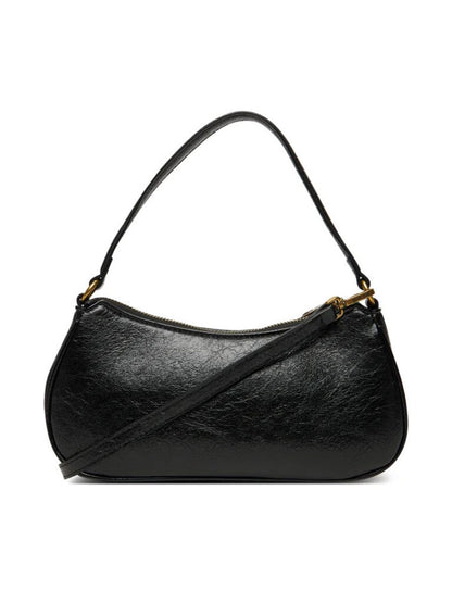 Black Textured Leather Shoulder Bag with Snake Detail