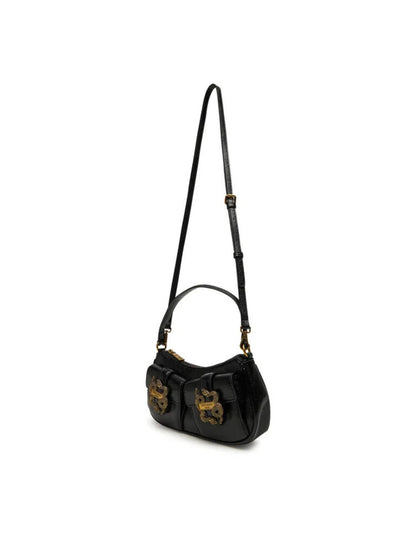 Black Textured Leather Shoulder Bag with Snake Detail