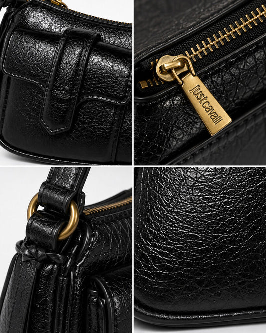 Black Textured Leather Shoulder Bag with Snake Detail