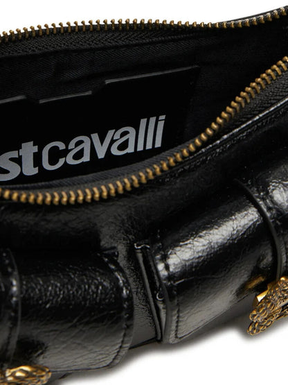 Black Textured Leather Shoulder Bag with Snake Detail