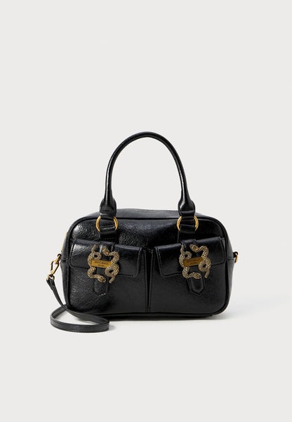 Black Embossed Leather Handbag with Decorative Clasps