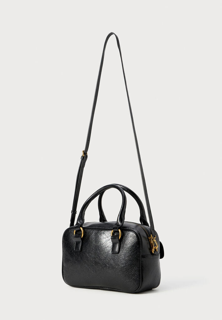 Black Embossed Leather Handbag with Decorative Clasps