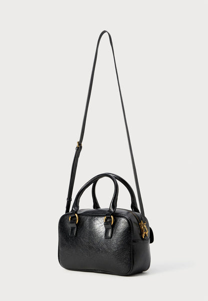 Black Embossed Leather Handbag with Decorative Clasps