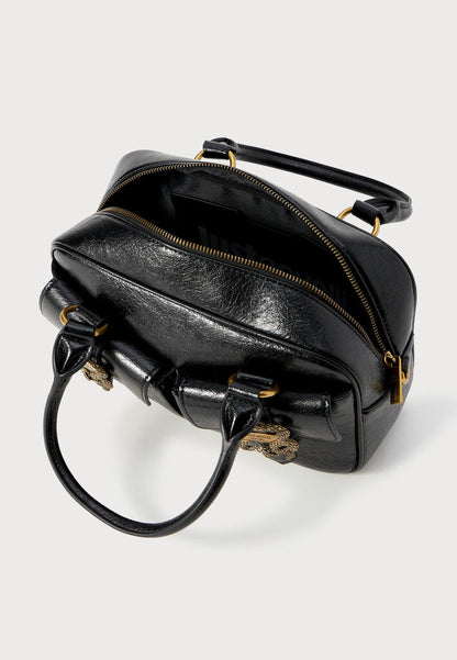 Black Embossed Leather Handbag with Decorative Clasps