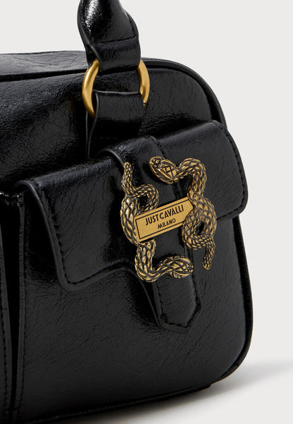 Black Embossed Leather Handbag with Decorative Clasps