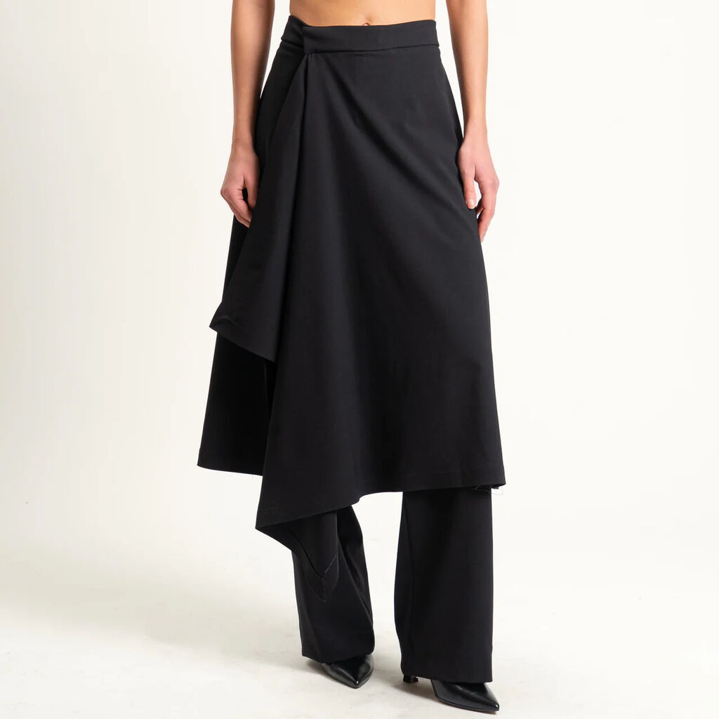 Black Asymmetric Midi Skirt with Overlay Detail