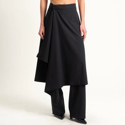 Black Asymmetric Midi Skirt with Overlay Detail