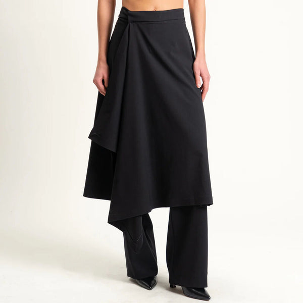 Black Asymmetric Midi Skirt with Overlay Detail