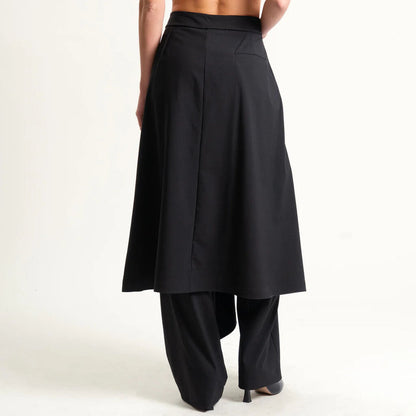 Black Asymmetric Midi Skirt with Overlay Detail