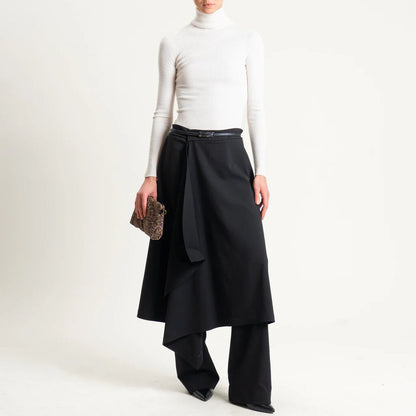 Black Asymmetric Midi Skirt with Overlay Detail