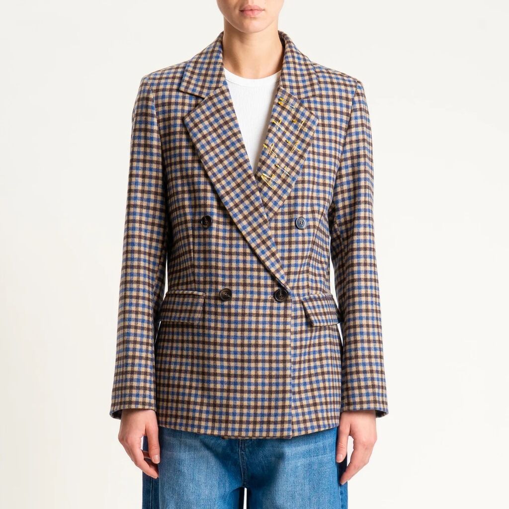 Brown Plaid Double-Breasted Blazer with Wide Lapels