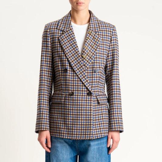 Brown Plaid Double-Breasted Blazer with Wide Lapels