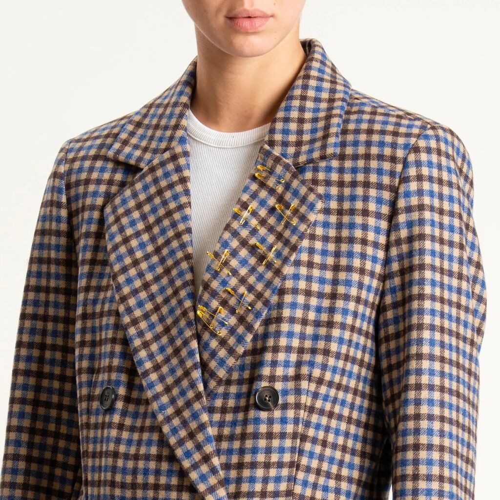 Brown Plaid Double-Breasted Blazer with Wide Lapels