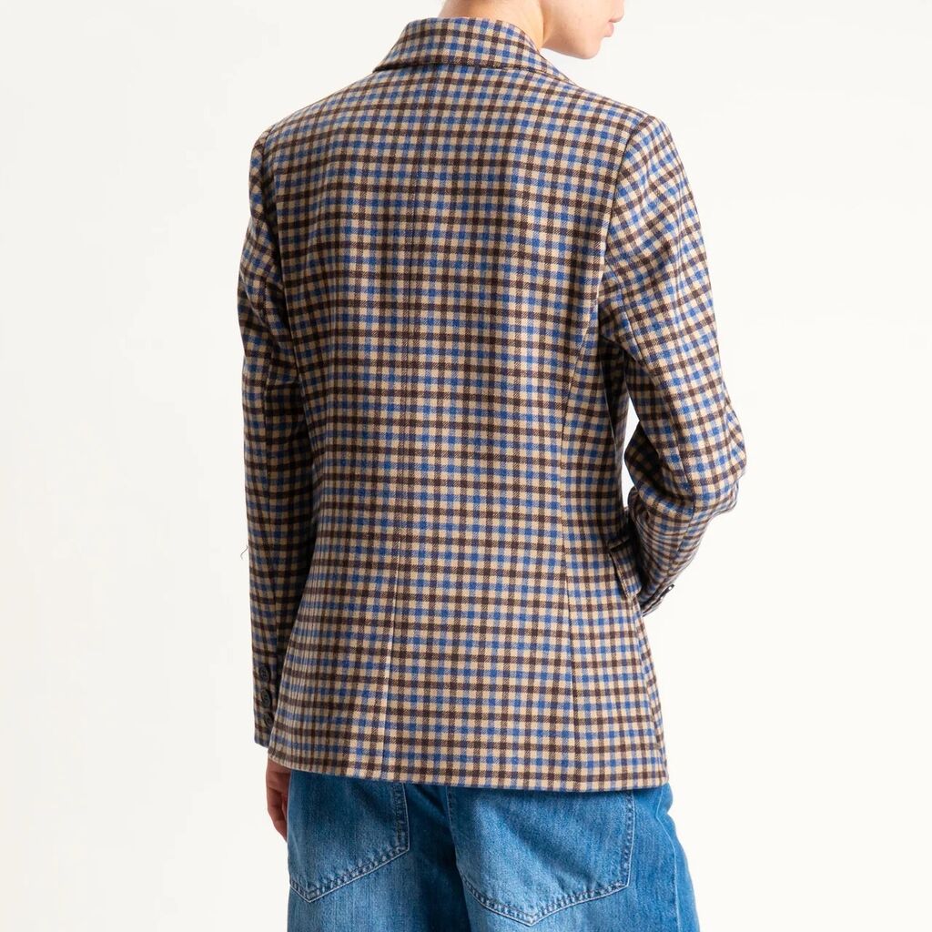 Brown Plaid Double-Breasted Blazer with Wide Lapels